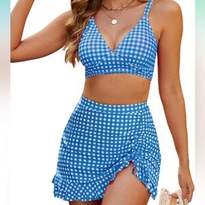 NWT Blooming Jelly Women's High Waisted Bikini Swim Skirt Blue Gingham Sz L